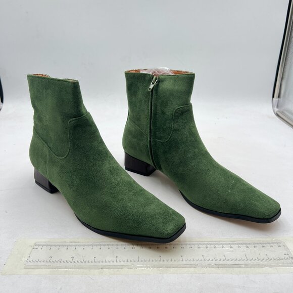 Green Suede Square Toe Ankle Booties Comfy Chunky Low Heel Side Zipper Shoes - Picture 3 of 7